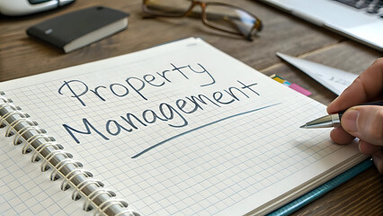 A "Property Management" handwritten text on notebook, real estate investment planning and housing business strategy concept