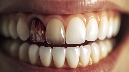Close up of a smokers stained teeth compared to a non smokers white teeth detailed texture high contrast lighting dental health awareness concept