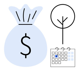Money bag and tree alongside a calendar with a marked date represent wealth, sustainability, and planning. Ideal for finance, budgeting, eco-friendliness, savings, time management, investments