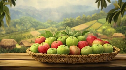 Abundant Harvest: A Basket of Fresh Apples Against a Lush Rural Landscape