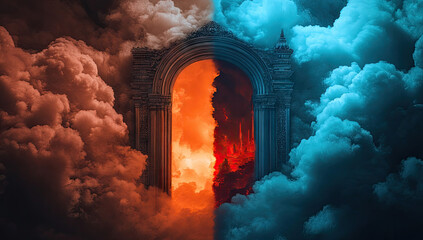 Ancient archway between fiery and icy clouds