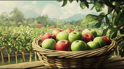 A Basket of Fresh Apples in a Picturesque Orchard