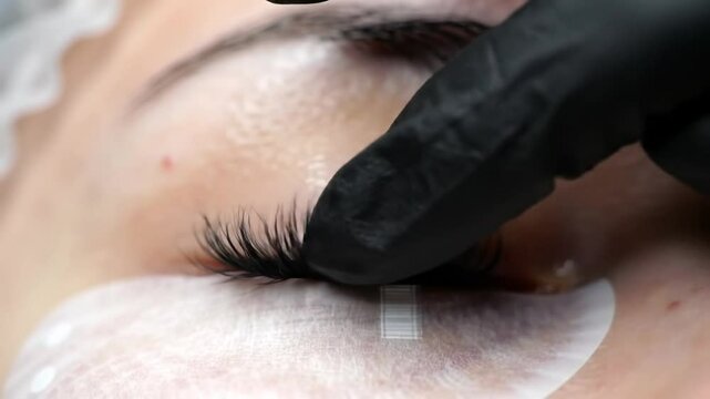 Close up of a Woman's Eye with Dark Eyelashes and a Hand Applying Extensions in a Brightly Lit Cosmetic Setting
