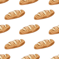 Hand drawn vintage seamless pattern of french baguette bread in engraving sketch style in color style