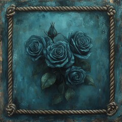Oil painting of dark teal roses inside a rope frame, mystical composition, textured brush effects, faded edges, rich deep shadows and painterly noise overlay
