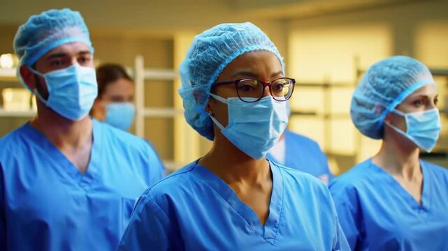 Medical Team Dressed in Blue Surgical Scrubs and Masks Standing Shoulder To Shoulder in a Hospital Setting