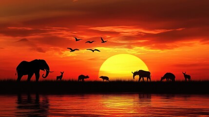 African Silhouette: A Majestic Sunset over Wildlife with Water Reflections