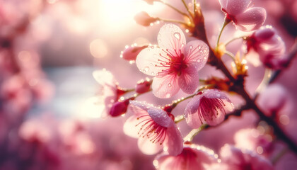 Obraz premium Dew-Kissed Sakura Blossom – Macro Photography of Cherry Blossom Petals in Soft Morning Light