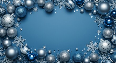 Obraz premium Elegant Christmas ornaments in silver and blue, artfully arranged on a matching backdrop, creating a festive and inviting holiday scene.