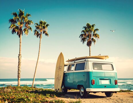 Retro van on beach with surfboards