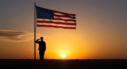 Soldier saluting American flag at sunset