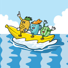 Cartoon pineapple, drink and watermelon riding a banana boat, flat style illustration for summer