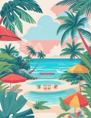 Obraz premium Summer Vacation Beach Illustration — Flat Vector with Palm Trees, Coconut Drink, and Sunset