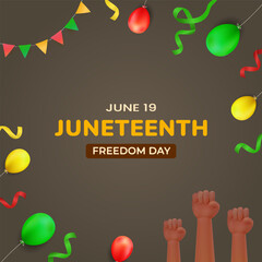 Juneteenth Celebration with Colorful Balloons, Streamers, and Clenched Raised Hands