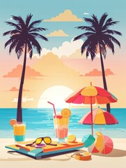 Obraz premium Summer Vacation Beach Illustration — Flat Vector with Palm Trees, Coconut Drink, and Sunset