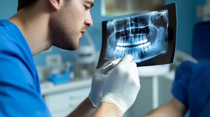 Professional male dentist blue scrubs using digital dental X ray technology to analyze a patients teeth
