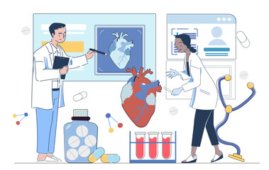Team of cardiologists. Man and woman in medical uniform examining diseased heart. Anatomy and cardiology. Healthcare and medicine. Doctors in clinic. Linear vector illustration