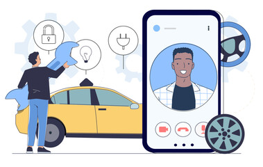 Auto mechanic online service. Man with wrench near smartphone and car. Mechanic consultation on internet. Repair and tuning, car modernization. Linear vector illustration