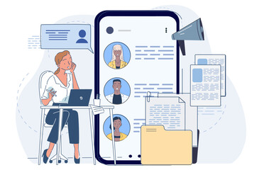 Copywriter online forum. Woman with laptop near smartphone with people profiles. Copywriting and journalism. Talented authors and bloggers. Linear vector illustration