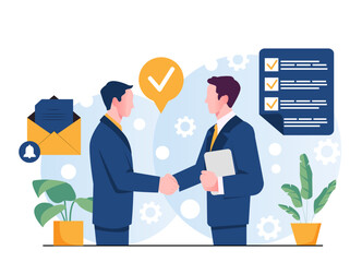 Men conclude business deal. Businessman and investor shaking hands. Collaboration and partnership. Partners make deal, conclude agreement. Flat vector illustration