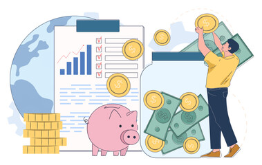 Man with donations. Young guy with banknotes and coins near piggy bank and glass jar. Generosity and kindness, charity. Employee of charitable foundation. Linear vector illustration
