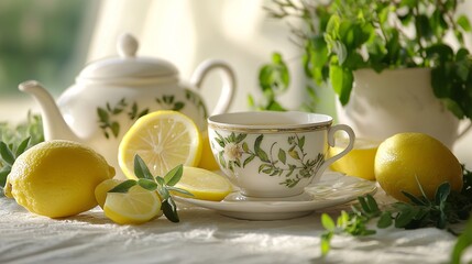 Vibrant Tea Set Display with Fresh Lemons and Herbs for a Refreshing Experience