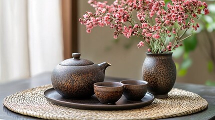 Elegant Tea Set with Woven Placemat and Ceramic Accents for Stylish Table Setting