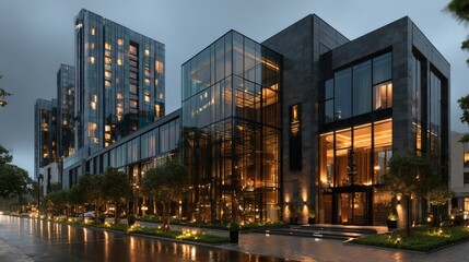 Architectural marvels in a business hub at dusk, with glowing interiors, highly reflective surfaces, and rich atmospheric sky tones 