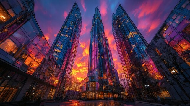 Colorful sky trapped between tall reflective towers, each covered with precise architectural detail and ambient inner lighting 