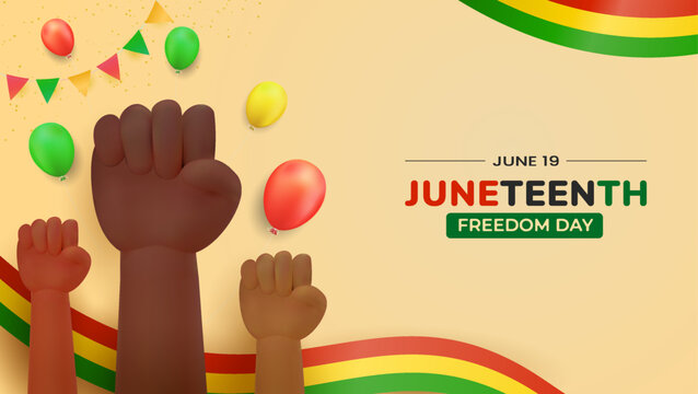 Juneteenth Celebration with Raised Fists, Balloons, and Vibrant Colors