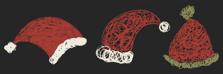 Chalk Kids Christmas Santa Hat Collection. New year pencil textured accessories set. Winter holiday cute freehand crayon hand drawn elements. Cartoon child doodle sketchy scribble vector illustration
