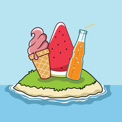 ice cream, watermelon and drinks on the island, illustration for summer