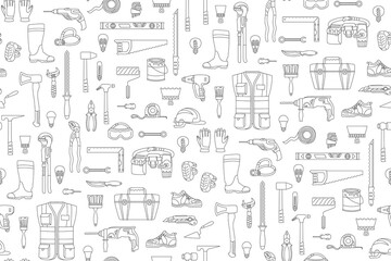Building tools construction equipment doodle seamless pattern. Repair finishing works. House construction industry trendy boundless background. Endless line design paper print fabric wrapper template