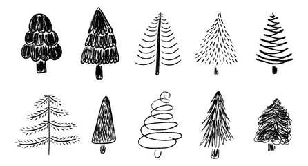 Chalk Kids Christmas Trees Collection. New year pencil textured plants set. Pine, fir tree, Xmas spruce freehand crayon hand drawn elements. Cartoon child doodle sketch silhouette vector illustration