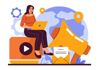 Fototapeta premium Woman with positive PR. Young girl with laptop sitting near loudspeaker. Advertising and promotion on Internet, marketing. Development of brand of company or organization. Flat vector illustration