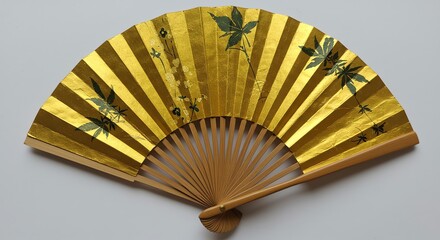 Golden hand fan with leaf and flower design
