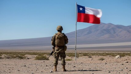 A Chilean soldier stands guard in front of a Chilean flag on the border in a desertic area in northern Chile. - Powered by Adobe
