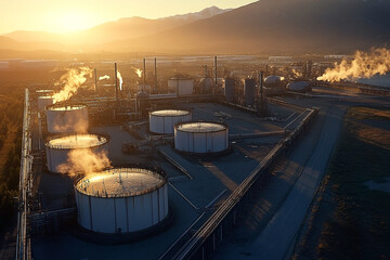Petrochemical complex during golden hour, industrial landscape at dusk