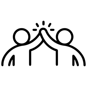 An (outline style) illustration of two stylized human figures performing a high-five with visible radiating energy, denoting shared triumph, mutual encouragement, and enthusiastic agreement