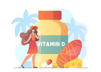 Woman with vitamin D. Young girl near bottle of pills. Piece of cheese and fish. Proper nutrition and healthy eating. Diet with useful macronutrients. Flat vector illustration