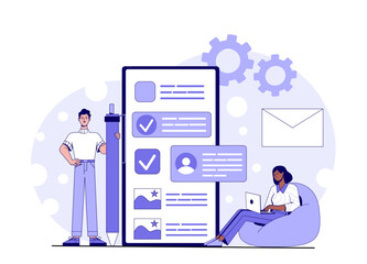 People fill website with content. Woman and man with pencil near smartphone. Team of talented authors and copywriters, bloggers. SEO and SMM specialists. Linear vector illustration
