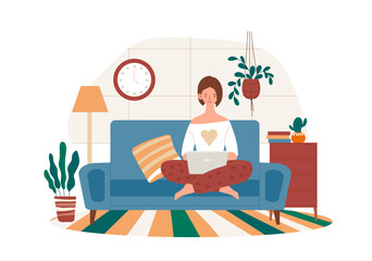 Woman work from home. Young girl sitting with laptop on sofa. Freelancer makes money on Internet. Remote employee with online earnings. Comfortable workplace. Flat vector illustration