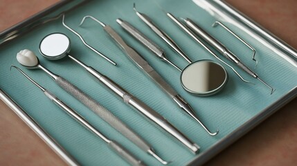 Set of dental instruments including dental mirror probe and explorer laid out on a tray