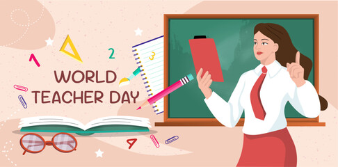 World teacher day. Woman with book near chalkboard. International holiday 5 October. Education and learning. Teacher giving lecture or lesson. Flat vector illustration