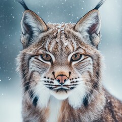 A close-up of a tiger face with its sharp ears and striking eyes in a snowy landscape
