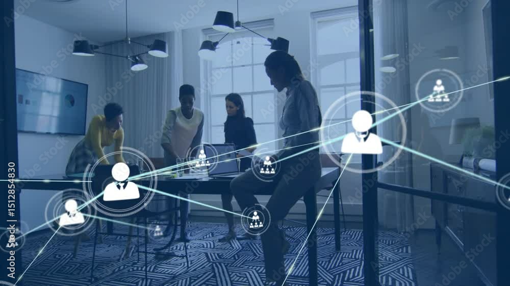 Aufkleber business team collaborating at table glowing user icon initiating expanding network overlay