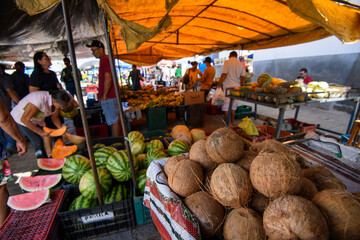 Fruit and vegetable stall at an open street market in Serra Branca, Paraíba, Brazil on May 24,...