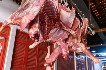 Goat meat for sale at an open market in Serra Branca, Paraíba, Brazil on May 24, 2025.
