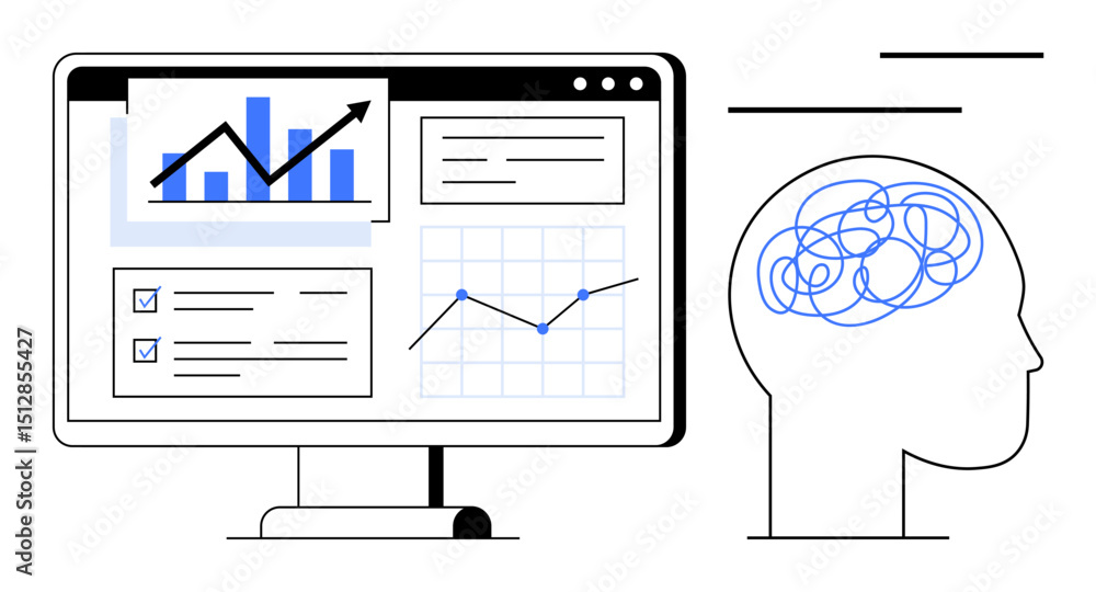 Poster computer monitor displaying graphs, analytics, tasks, and data visualization alongside a human profi