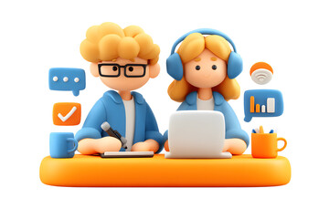 3D Illustration of Two Cartoon Characters Working Together on a Project Team
